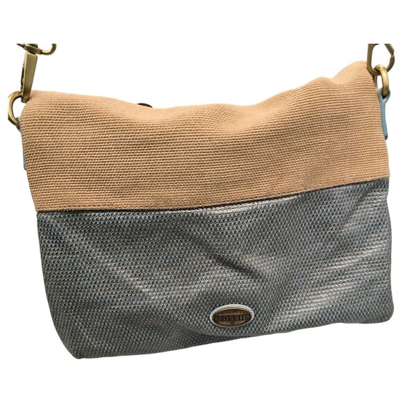 FOSSIL Explorer Woven Straw Triple Zip Hipster Crossbody Handbag Blue Beige EUC - Picture 4 of 16